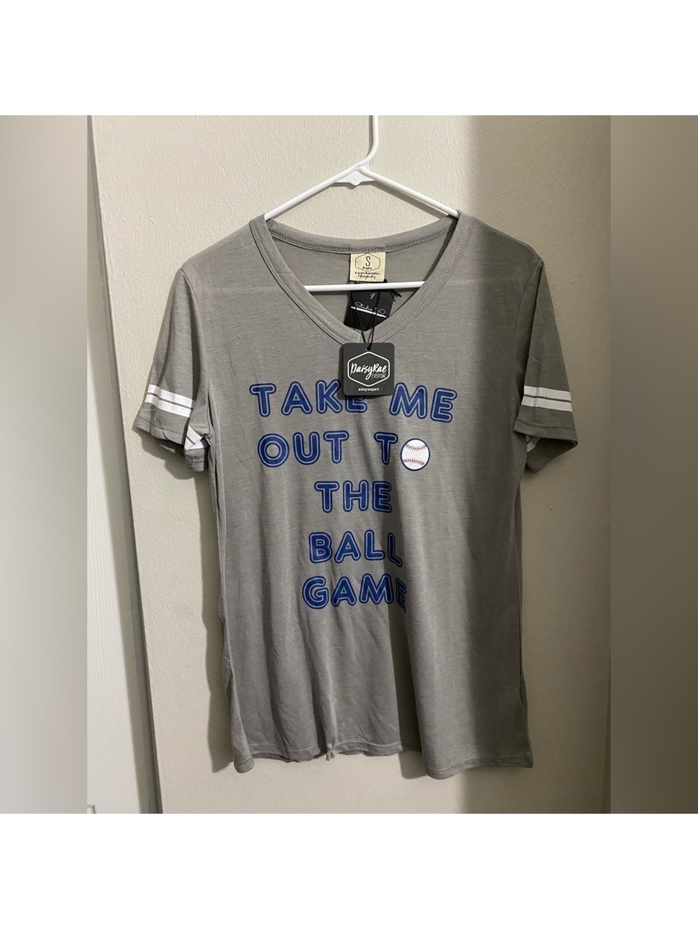 NWT Juniors Small Gray Take Me Out To The BaseBall Game V Neck Tee Daisy Rae